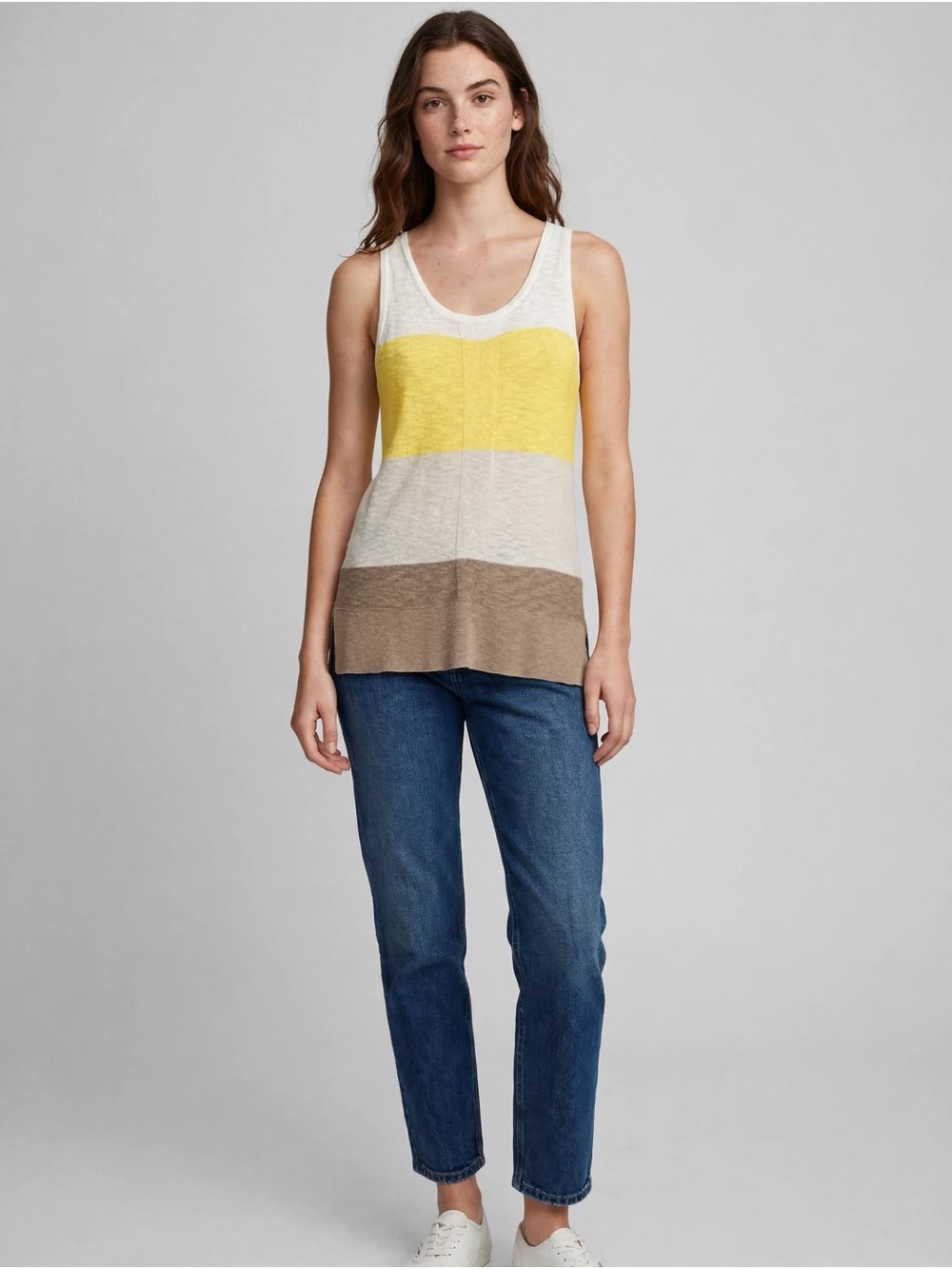 Jones New York Yellow White Tan Colorblock Scoop Tank